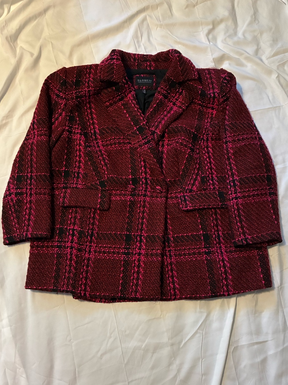Eloquii Burgundy and Pink Plaid Bouclé Blazer